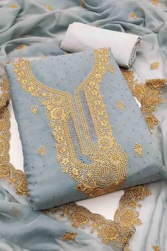 grey georgette embroidered unstitched dressmaterials 3 pair top bottom dupptaa