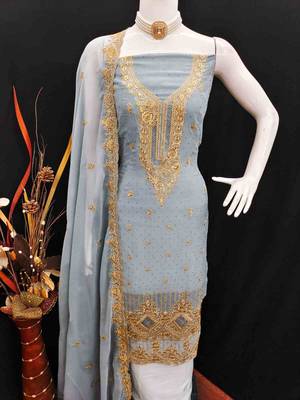 grey georgette embroidered unstitched dressmaterials 3 pair top bottom dupptaa 2