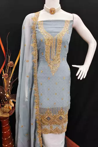 grey georgette embroidered unstitched dressmaterials 3 pair top bottom dupptaa