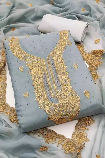 grey georgette embroidered unstitched dressmaterials 3 pair top bottom dupptaa