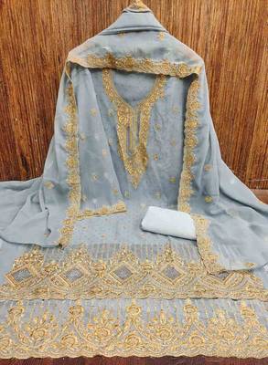 grey georgette embroidered unstitched dressmaterials 3 pair top bottom dupptaa 4