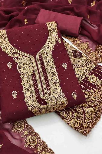 maroon georgette embroidered unstitched dressmaterials 3 pair top bottom dupptaa