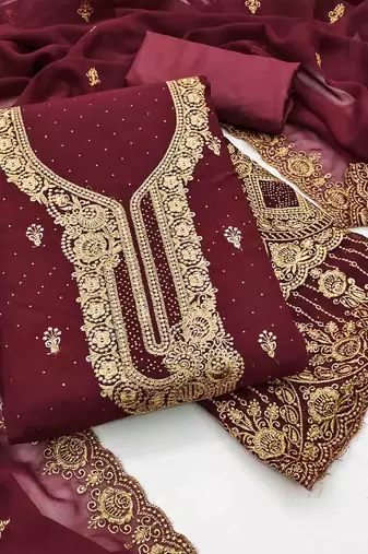 maroon georgette embroidered unstitched dressmaterials 3 pair top bottom dupptaa