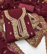 maroon georgette embroidered unstitched dressmaterials 3 pair top bottom dupptaa