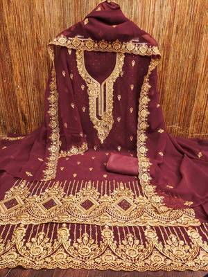 maroon georgette embroidered unstitched dressmaterials 3 pair top bottom dupptaa 2