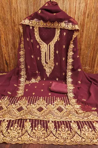 maroon georgette embroidered unstitched dressmaterials 3 pair top bottom dupptaa