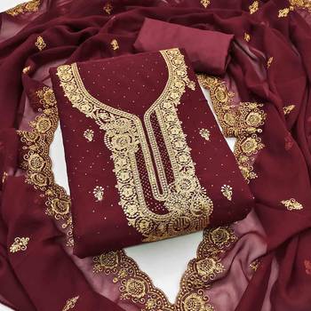 maroon georgette embroidered unstitched dressmaterials 3 pair top bottom dupptaa 3