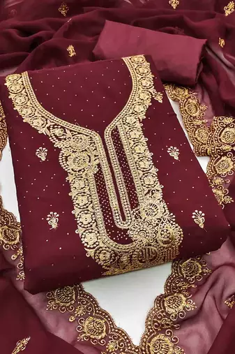 maroon georgette embroidered unstitched dressmaterials 3 pair top bottom dupptaa
