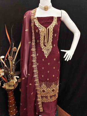 maroon georgette embroidered unstitched dressmaterials 3 pair top bottom dupptaa 4
