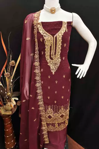 maroon georgette embroidered unstitched dressmaterials 3 pair top bottom dupptaa