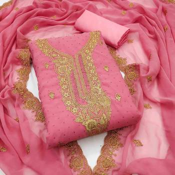 pink georgette embroidered unstitched dressmaterials 3 pair top bottom dupptaa 1