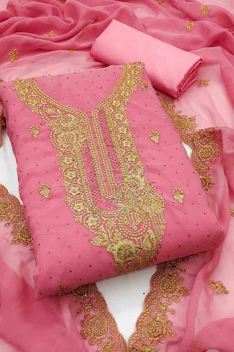pink georgette embroidered unstitched dressmaterials 3 pair top bottom dupptaa