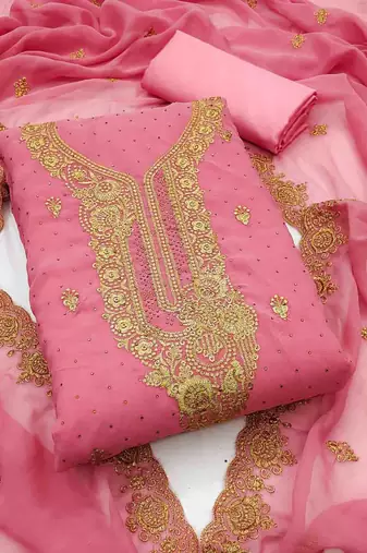 pink georgette embroidered unstitched dressmaterials 3 pair top bottom dupptaa