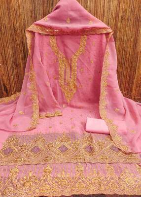pink georgette embroidered unstitched dressmaterials 3 pair top bottom dupptaa 2