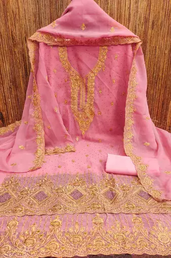 pink georgette embroidered unstitched dressmaterials 3 pair top bottom dupptaa
