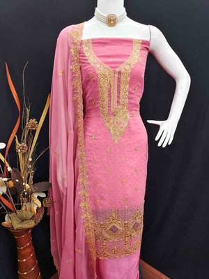 pink georgette embroidered unstitched dressmaterials 3 pair top bottom dupptaa 3