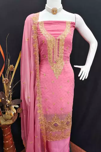 pink georgette embroidered unstitched dressmaterials 3 pair top bottom dupptaa