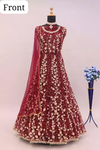 Wine embroidered butterfly net anarkali suit