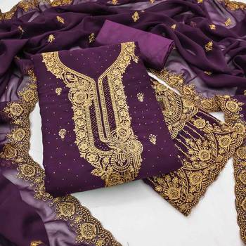 purple georgette embroidered unstitched dressmaterials 3 pair top bottom dupptaa 1