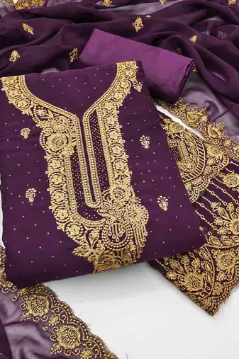 purple georgette embroidered unstitched dressmaterials 3 pair top bottom dupptaa