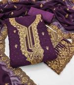 purple georgette embroidered unstitched dressmaterials 3 pair top bottom dupptaa