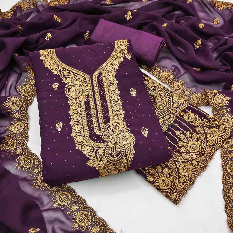 purple georgette embroidered unstitched dressmaterials 3 pair top bottom dupptaa