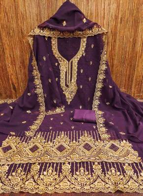 purple georgette embroidered unstitched dressmaterials 3 pair top bottom dupptaa 2