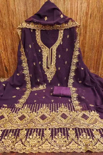 purple georgette embroidered unstitched dressmaterials 3 pair top bottom dupptaa