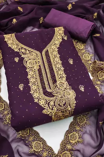 purple georgette embroidered unstitched dressmaterials 3 pair top bottom dupptaa