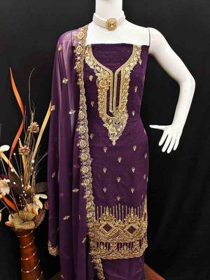 purple georgette embroidered unstitched dressmaterials 3 pair top bottom dupptaa 4