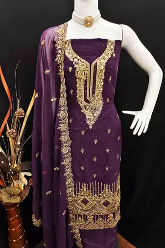 purple georgette embroidered unstitched dressmaterials 3 pair top bottom dupptaa