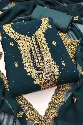 indigo georgette embroidered unstitched dressmaterials 3 pair top bottom dupptaa