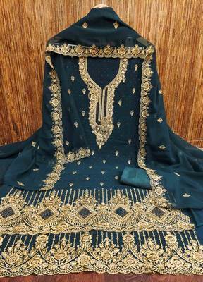 indigo georgette embroidered unstitched dressmaterials 3 pair top bottom dupptaa 2