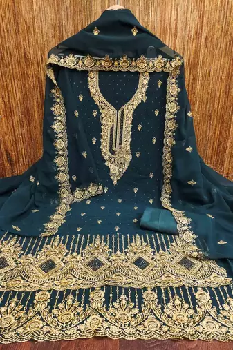 indigo georgette embroidered unstitched dressmaterials 3 pair top bottom dupptaa