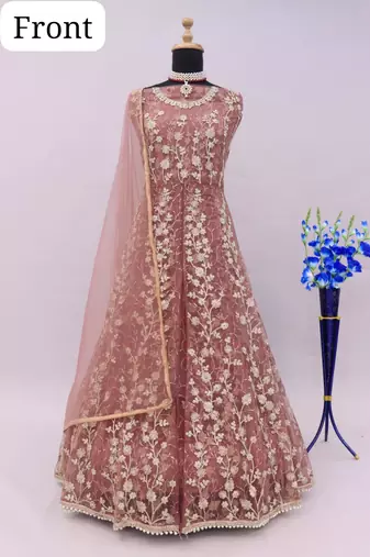 Peach embroidered butterfly net anarkali suit