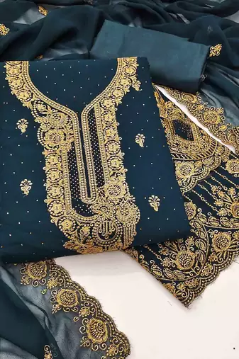 indigo georgette embroidered unstitched dressmaterials 3 pair top bottom dupptaa