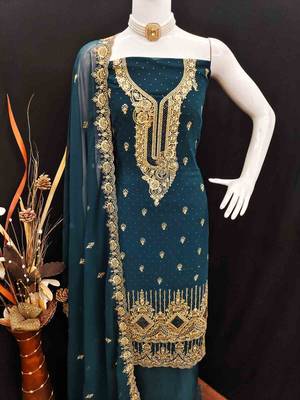 indigo georgette embroidered unstitched dressmaterials 3 pair top bottom dupptaa 4