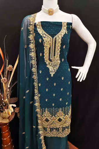 indigo georgette embroidered unstitched dressmaterials 3 pair top bottom dupptaa