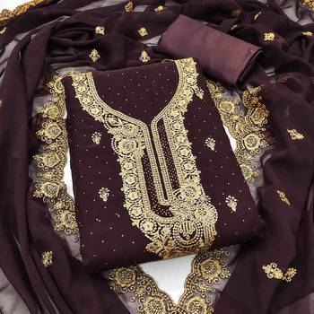 wine georgette embroidered unstitched dressmaterials 3 pair top bottom dupptaa 1