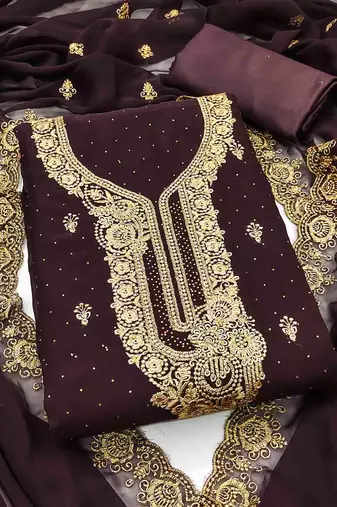 wine georgette embroidered unstitched dressmaterials 3 pair top bottom dupptaa
