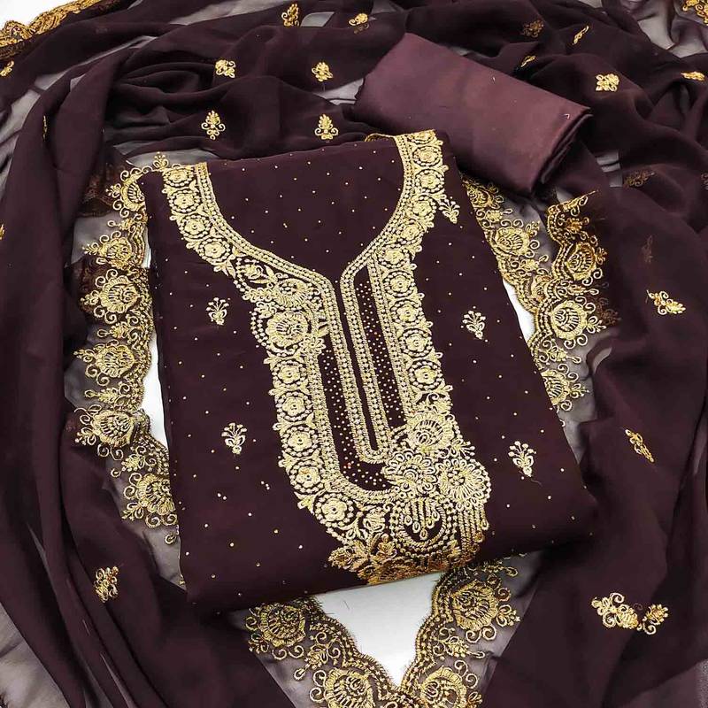 wine georgette embroidered unstitched dressmaterials 3 pair top bottom dupptaa