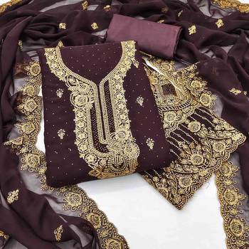 wine georgette embroidered unstitched dressmaterials 3 pair top bottom dupptaa 2