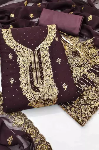 wine georgette embroidered unstitched dressmaterials 3 pair top bottom dupptaa