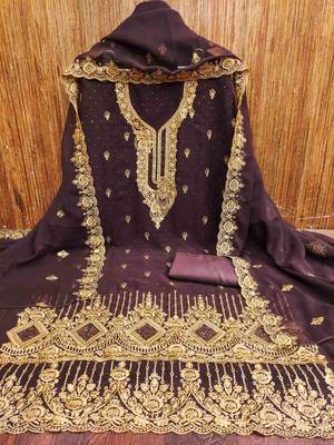 wine georgette embroidered unstitched dressmaterials 3 pair top bottom dupptaa 3
