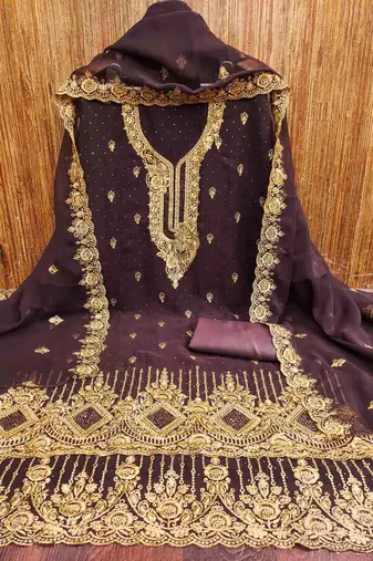wine georgette embroidered unstitched dressmaterials 3 pair top bottom dupptaa