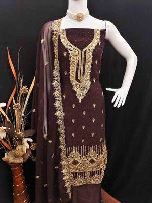 wine georgette embroidered unstitched dressmaterials 3 pair top bottom dupptaa 4