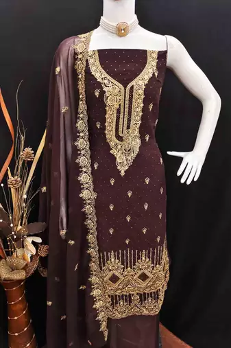 wine georgette embroidered unstitched dressmaterials 3 pair top bottom dupptaa