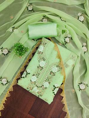 green georgette embroidered unstitched dressmaterials 3 pair top bottom dupptaa 1