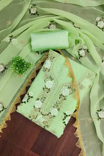 green georgette embroidered unstitched dressmaterials 3 pair top bottom dupptaa