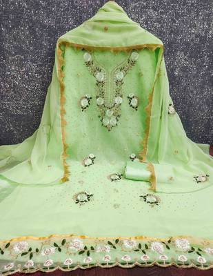 green georgette embroidered unstitched dressmaterials 3 pair top bottom dupptaa 2